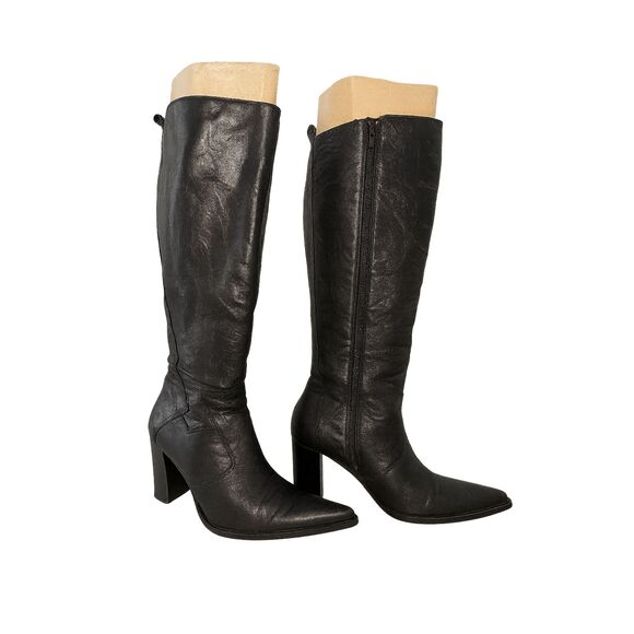 Black Italian Leather Knee High Western Heeled Boots Pointed Toe 9.5 Pour LAmour - Picture 1 of 11